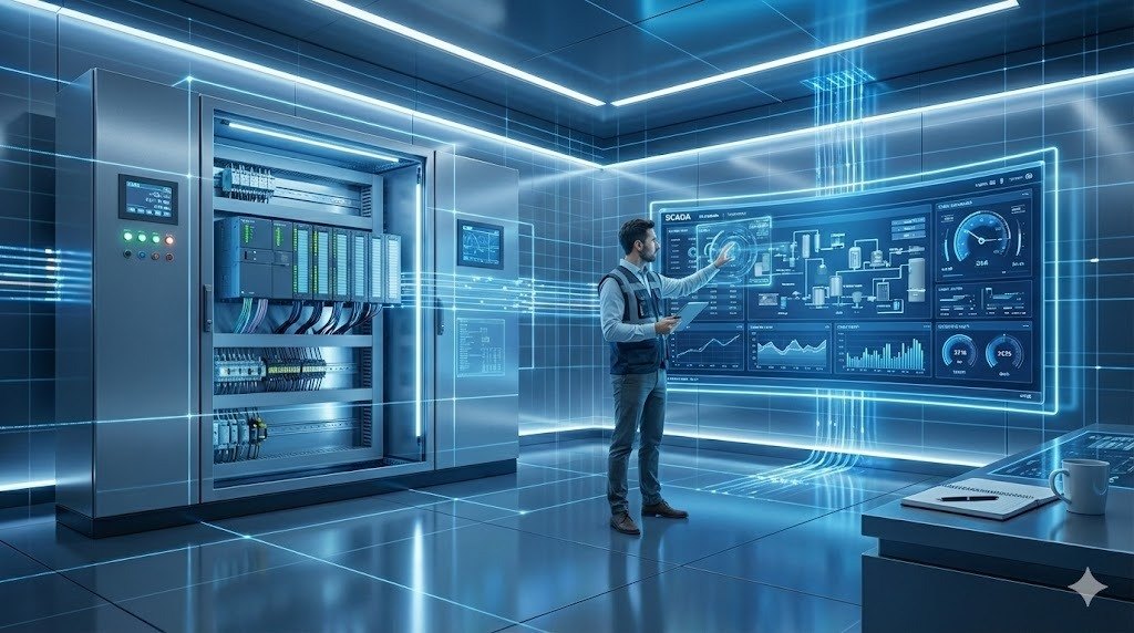 Engineer operating a futuristic SCADA control room with holographic plant dashboards